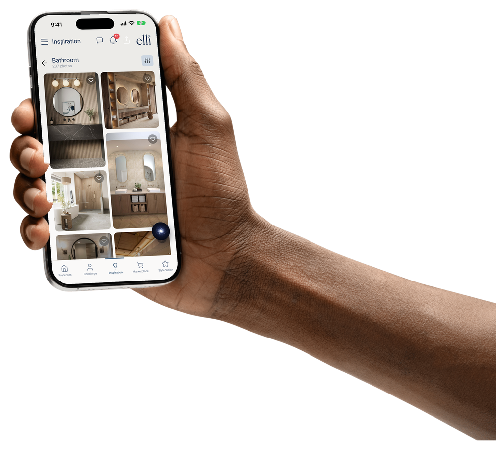 A hand holding an iPhone showing ELLI’s Inspiration ideas for bathrooms