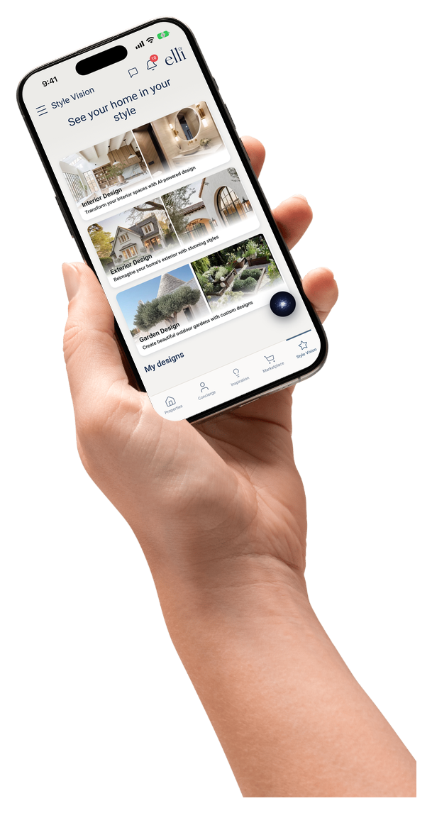 A hand holding an iPhone showing ELLI’s Style Vision screen with interior, exterior and garden design