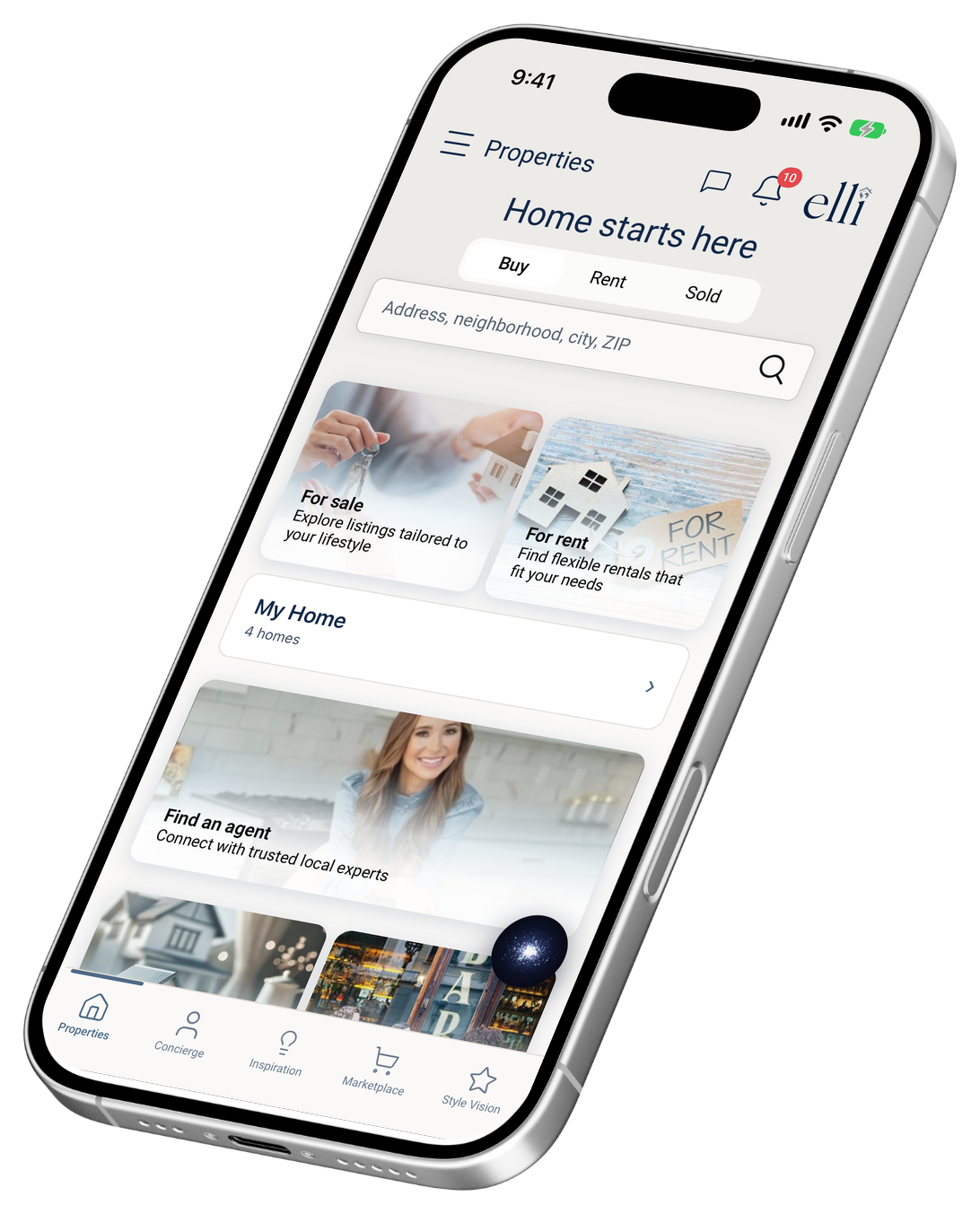 ELLI’s Properties screen on iPhone: Home starts here, with Buy, Rent and Sold search