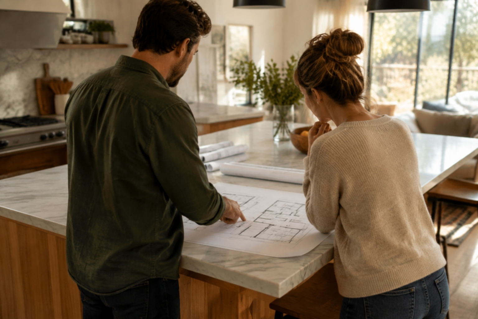 A couple reviewing floor plans together at their kitchen island
