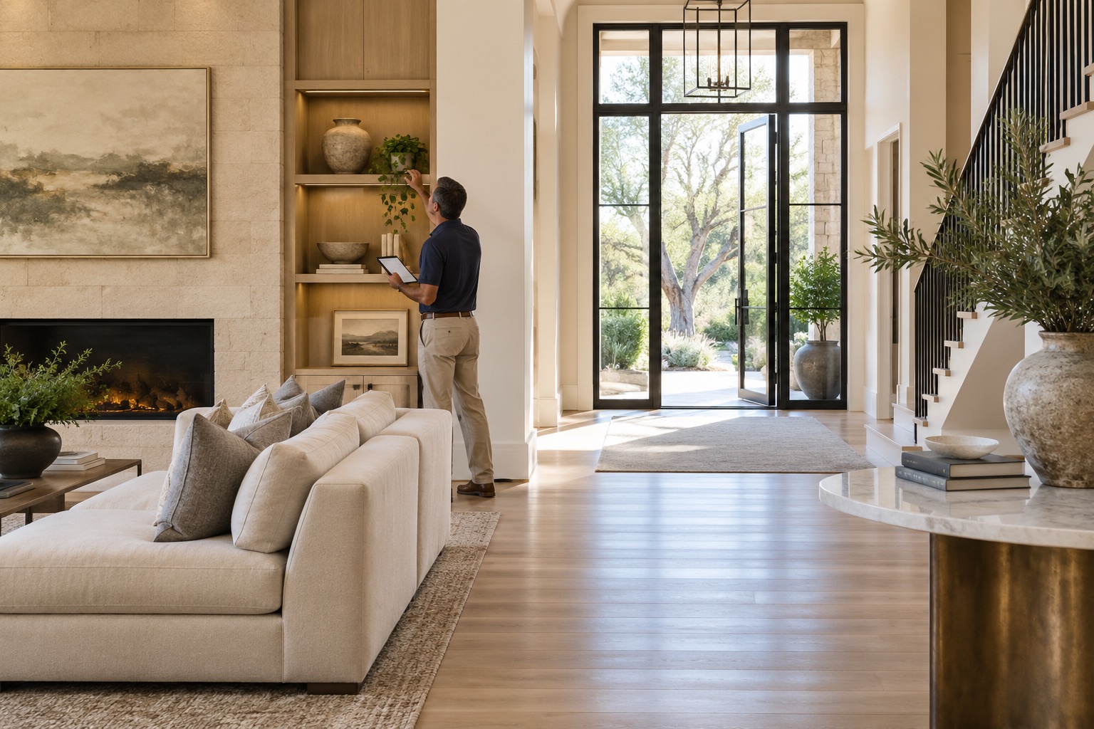A home-service pro with a tablet checking the details of a bright entry hall
