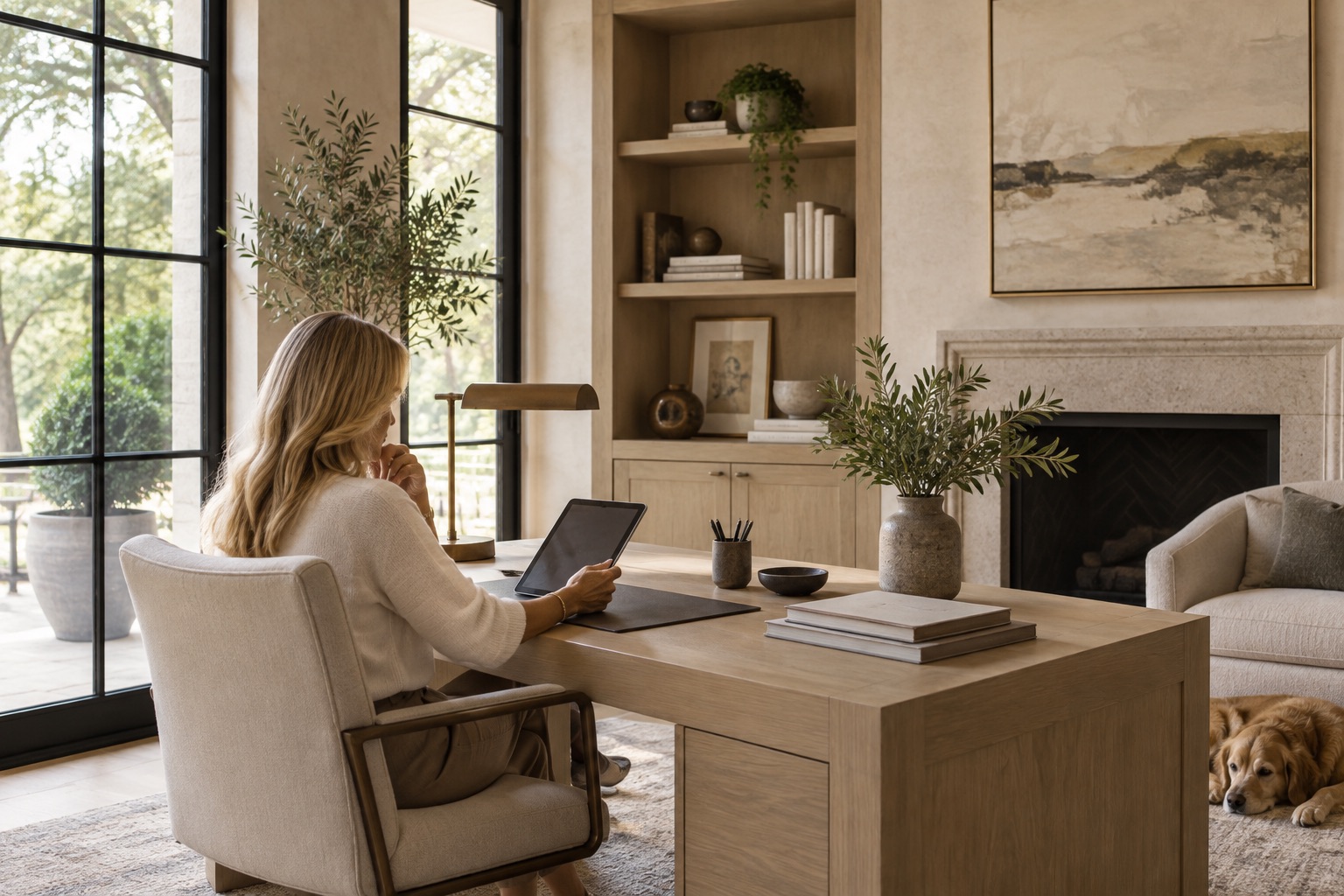 A homeowner reviewing her home on a tablet at a sunlit desk, her golden retriever asleep nearby