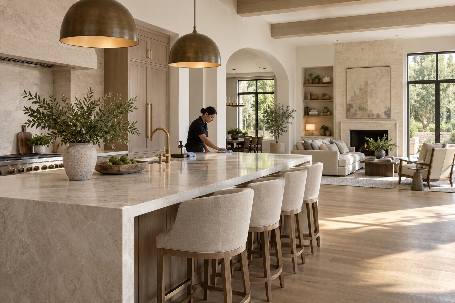 A home-care pro polishing the marble island of a sunlit kitchen