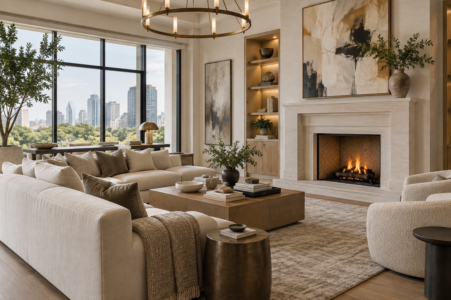 A light-filled living room with a linen sectional, stone fireplace and the Dallas skyline beyond