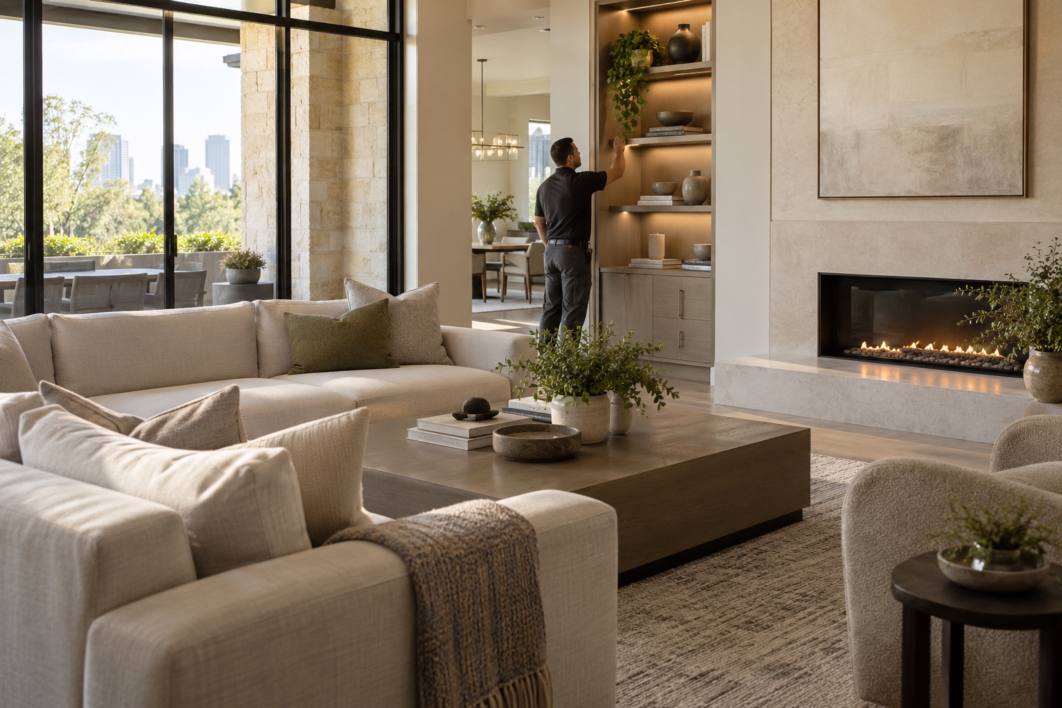 A pro styling the shelves of a serene living room with a linear fireplace and city view
