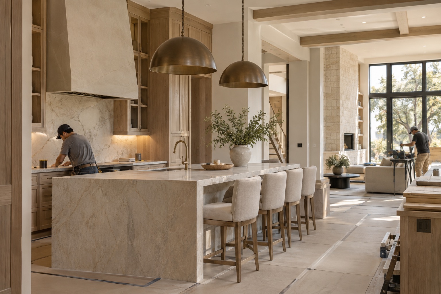 Two home-service pros at work in a bright limestone kitchen