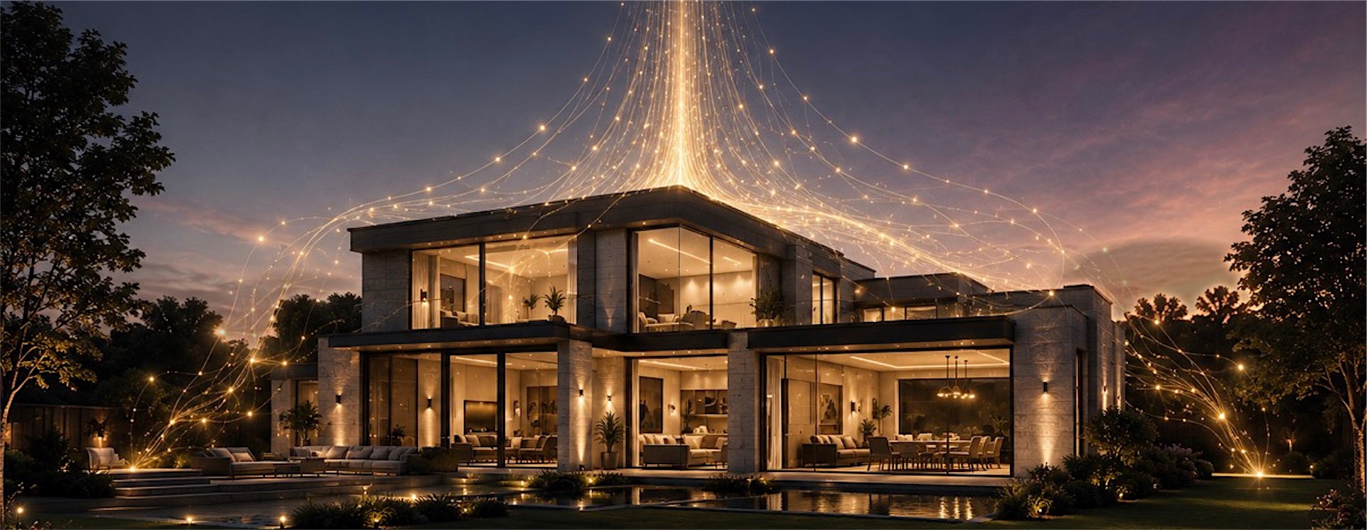A modern stone home glowing at dusk as streams of golden light rise from it into the sky